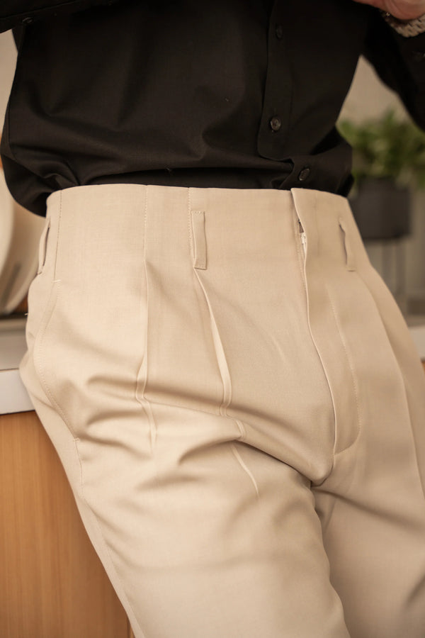 Beige - plain double pleated trousers