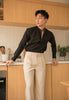 Beige - plain double pleated trousers