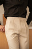 Beige - plain double pleated trousers