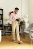 Beige - plain double pleated trousers