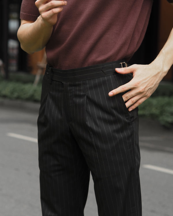 Black stripe belted trousers