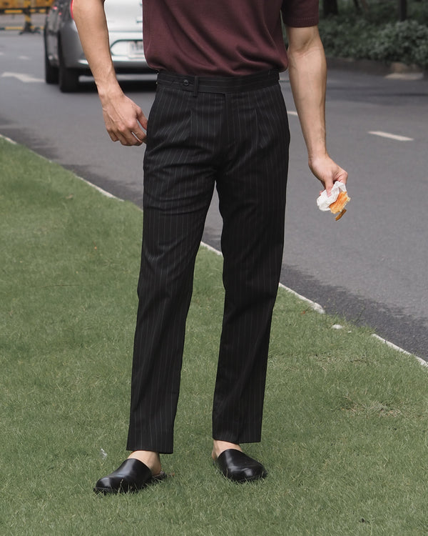 Black stripe belted trousers