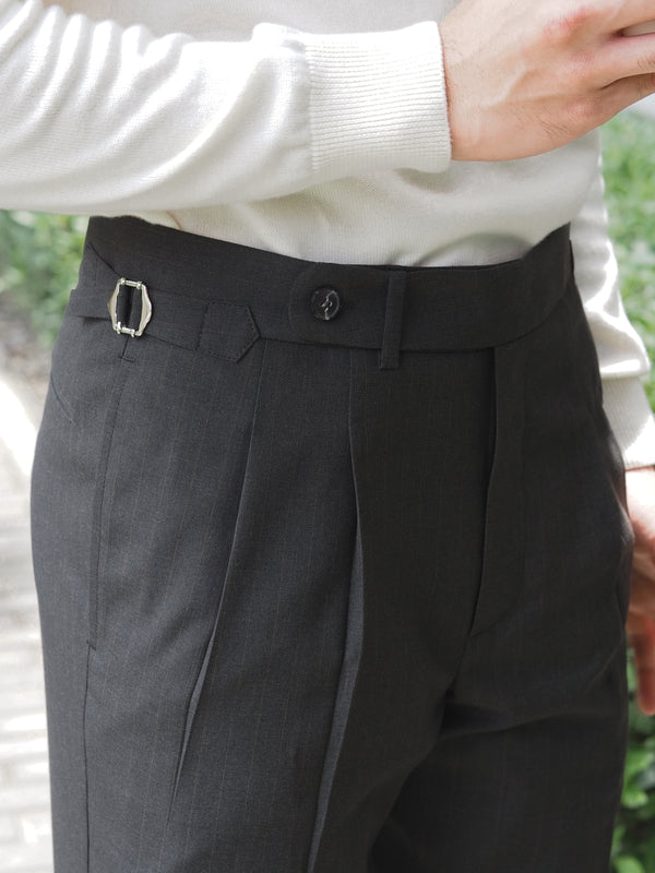 Grey pinstripe Dylan plated tapered trousers