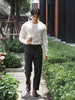 Grey pinstripe Dylan plated tapered trousers