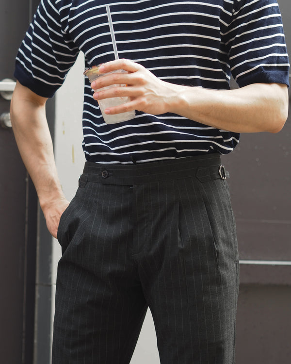 Dark grey- pinstripe belts trousers