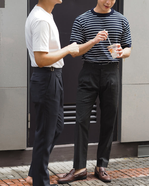 Dark grey- pinstripe belts trousers