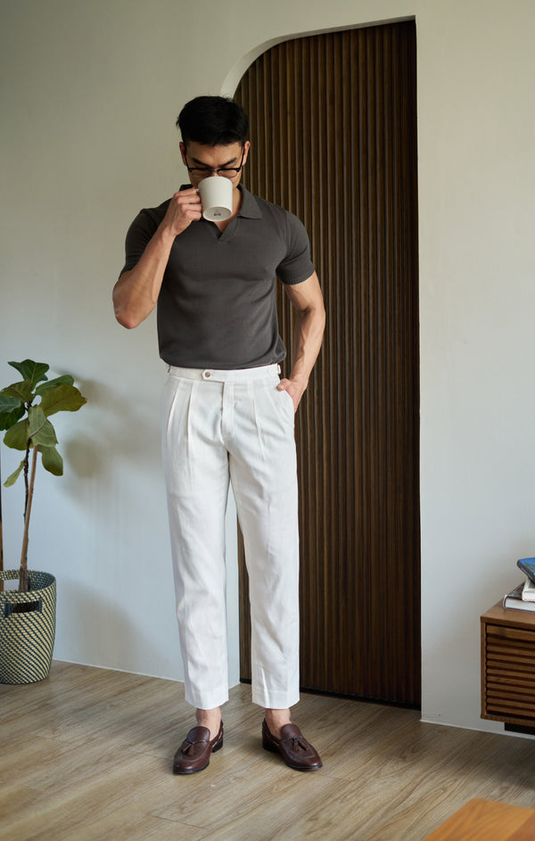 White linen double pleated trousers