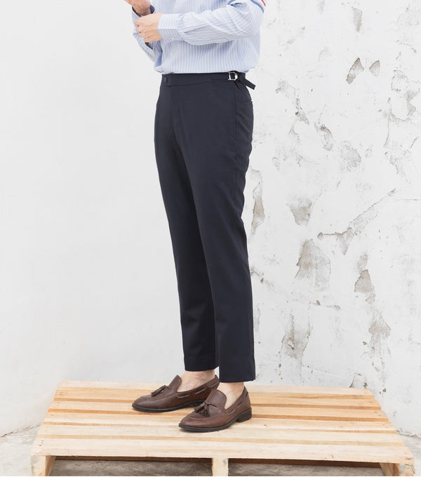 Navy double belt trousers