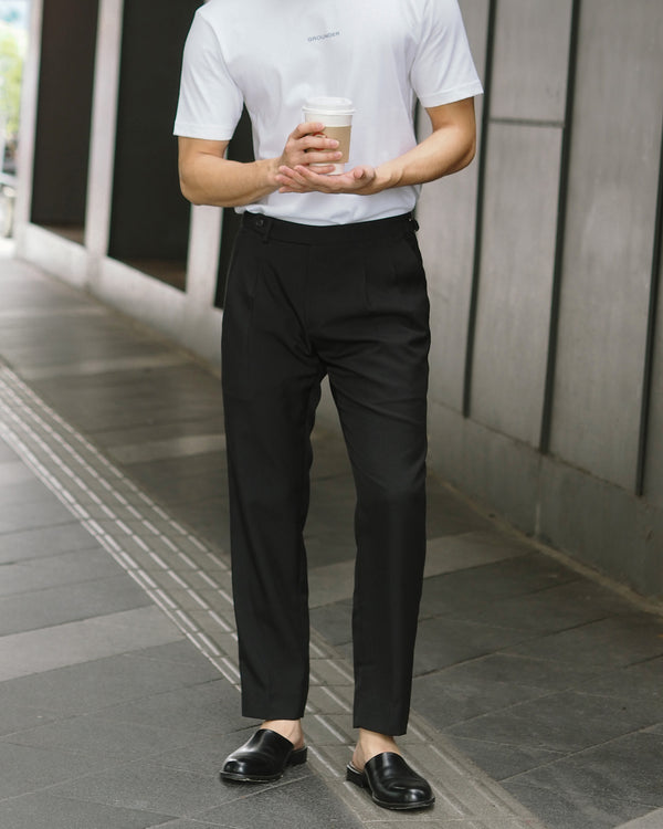 Black jersey double belts trousers