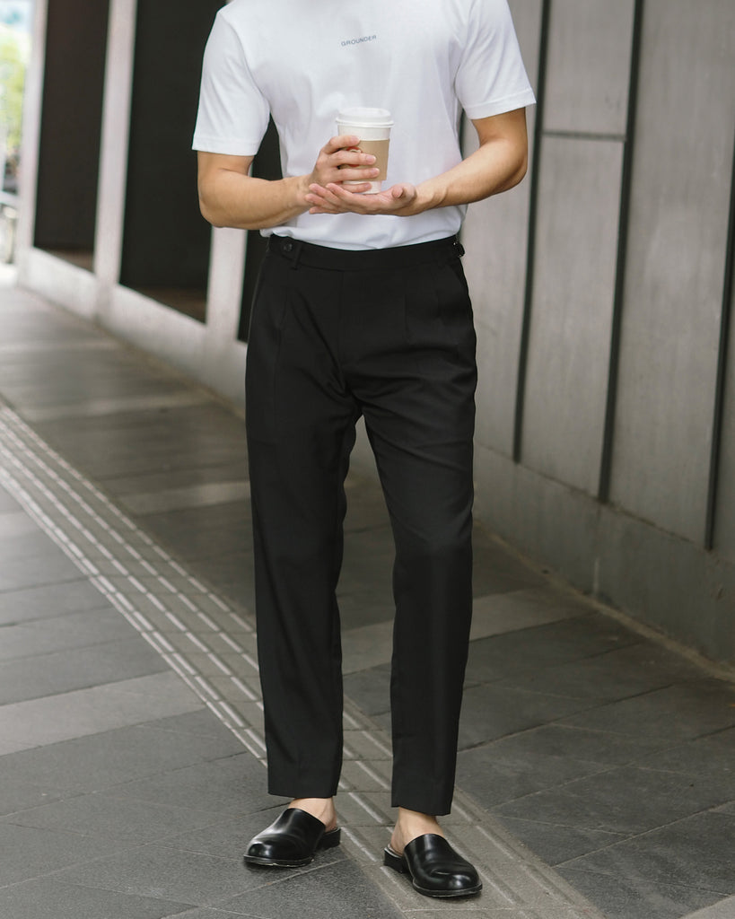 Black jersey double belts trousers