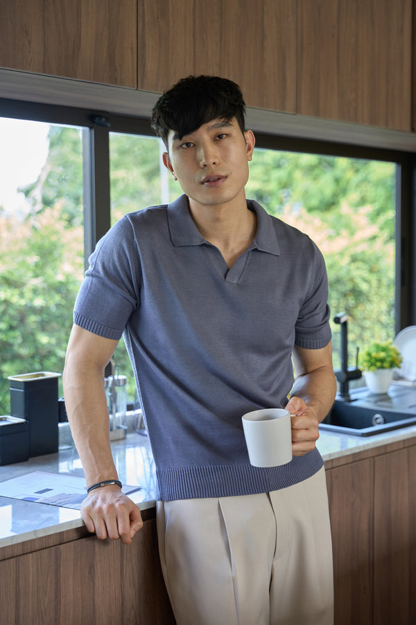 Blueberry knitted silk polo shirt