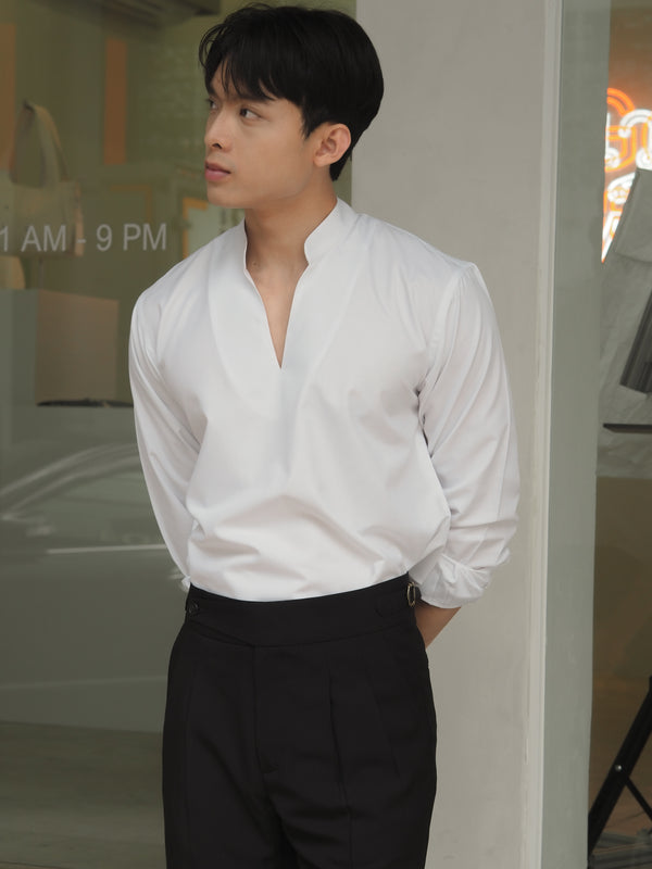 White - stand V neck collar shirt