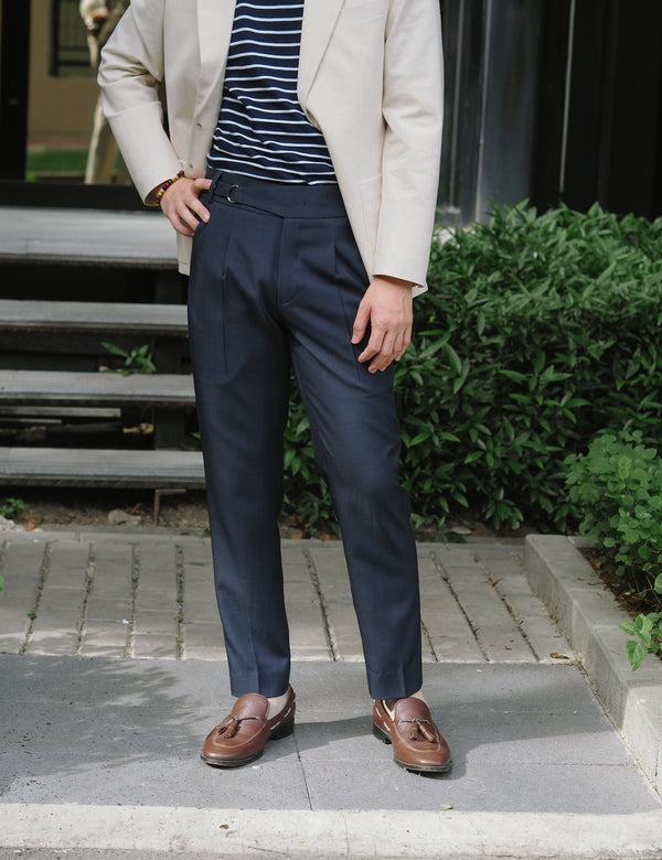 Navy with frankie pleated trousers
