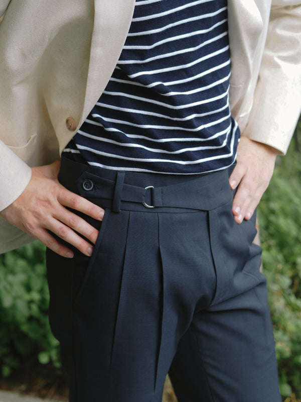 Navy with frankie pleated trousers