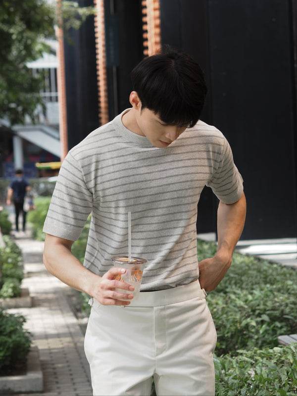 Light grey stripe round knitwear