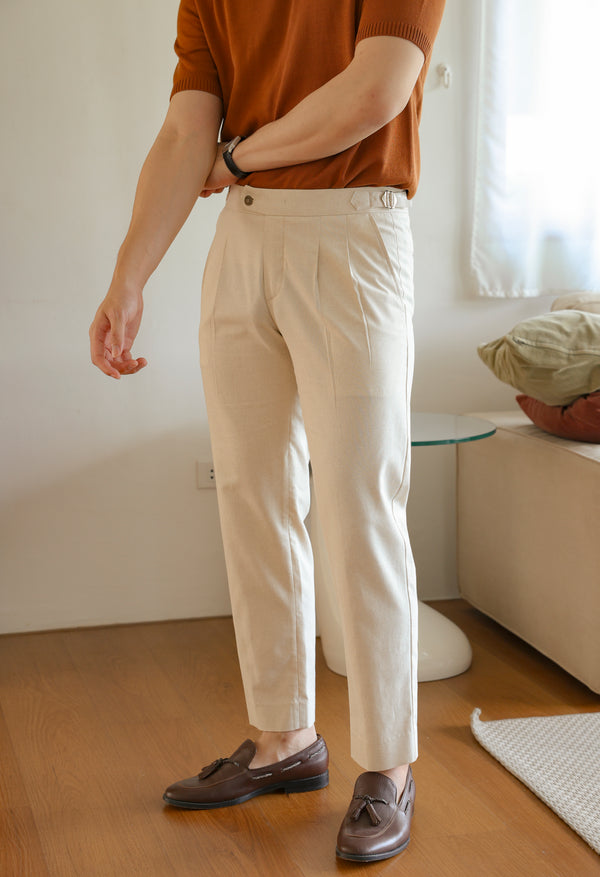Beige linen double pleated trousers
