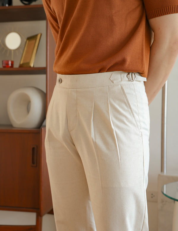 Beige linen double pleated trousers