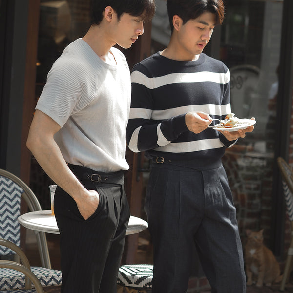 Black stripe crepe high waist trouser