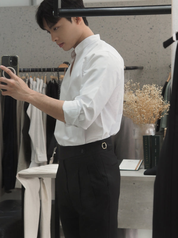 White - stand V neck collar shirt