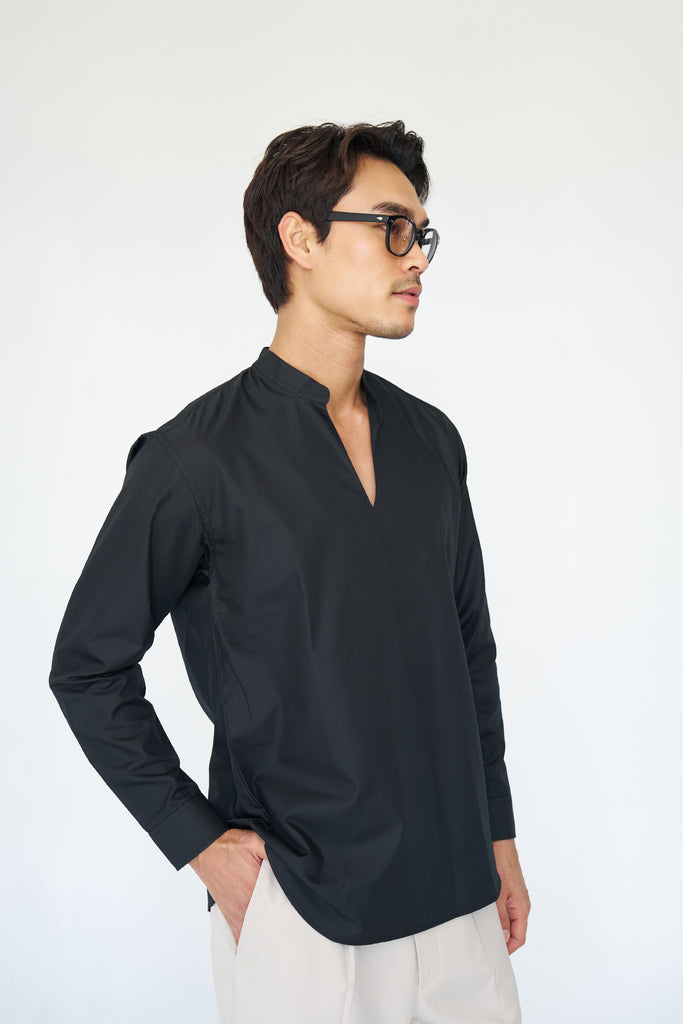 Black - stand V neck collar shirt