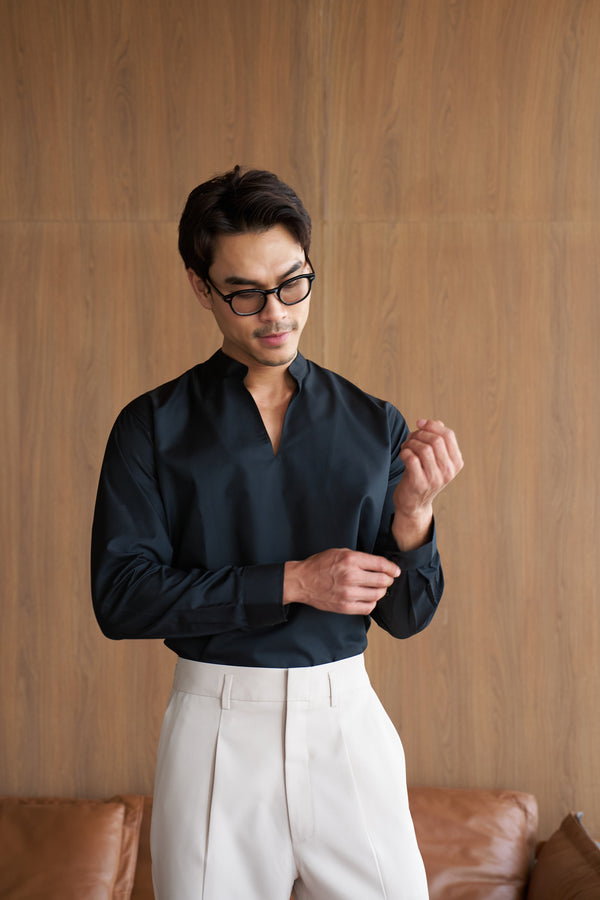 Black - stand V neck collar shirt