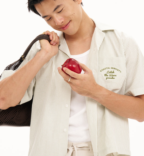 Seagreen Embroidered striped Boxy short sleeve shirt