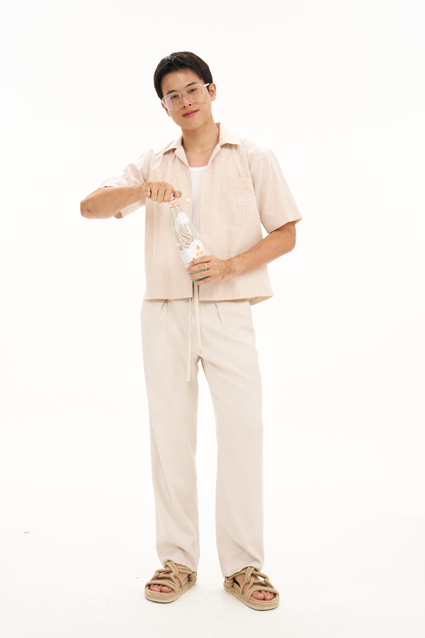 Latte Embroidered striped Boxy short sleeve shirt