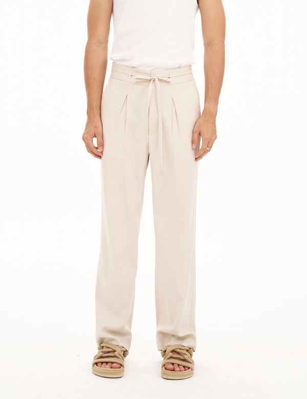 Beige sand elastic pleated trousers