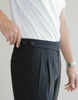 Black stripe belt waist side button trousers with pleated