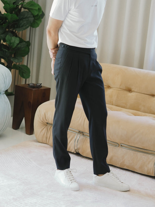 Black stripe belt waist side button trousers with pleated