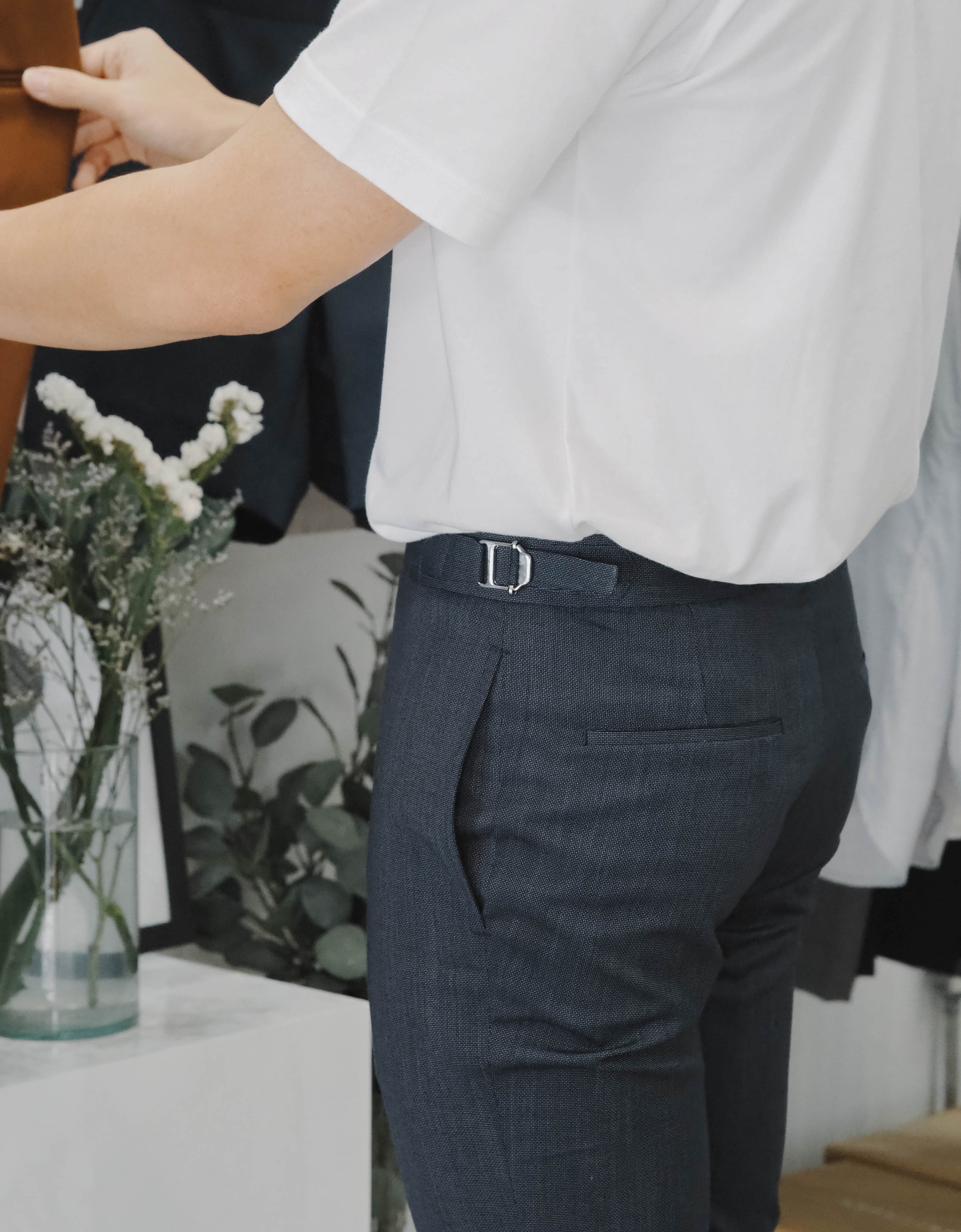 Navy textured double belt trousers – GROUNDERBKK